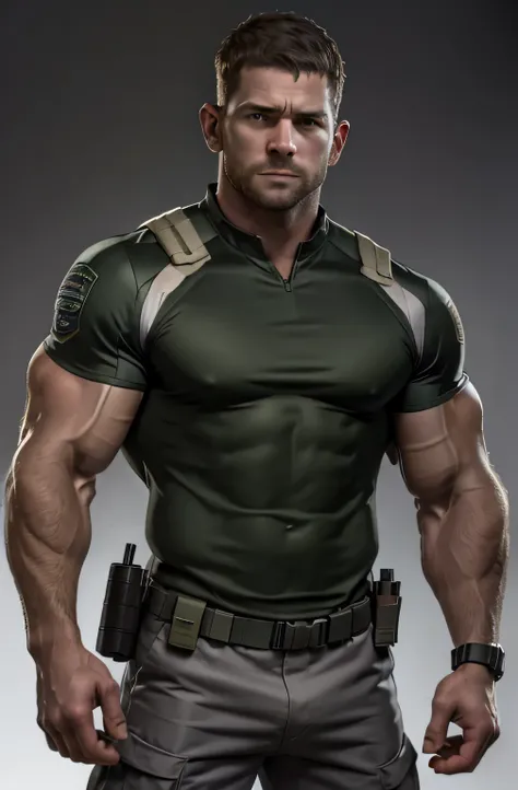 1 person, alone, 35 years old, chris redfield, Wearing a green T-shirt, serious face, looking at camera, Shoulders white,bsaa logo on shoulder, military tactical uniform, equipment, (2 hands holding a pistol), tall and strong, biceps, abdominal muscles, Ch...