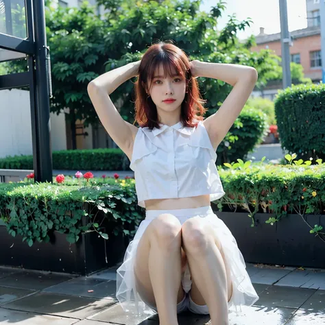 realistically, 1 girl, red hair, purple eyes, glowing eyes, white short skirt, red lips, Blush, daytime, flower, sun, sunlight, sleeveless shirt, Primary , Wet from the rain, Seethrough, Sit on your knees., open skirt, windy, armpit