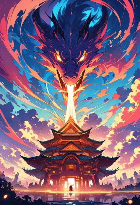 a majestic chinese dragon soaring in the sky with its mouth open and glowing eyes, holding an energy sword. high resolution with...