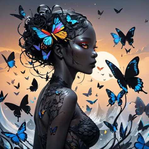 ((woman in black)),　black　skin、butterflies dance、spiritual、tao、spirit、conceptual art, contemporary art, multiple、uhd, retina, an...