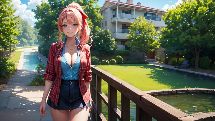 1girl, full body, summer, village, trees, sun, clouds, ((colorful hair)), ponytail, large breasts, button down, blue eyes, ((red, white and green shirt)), ((unbuttoned shirt)), unbuttoning buttons, ((short sleeved shirt)), black mini skirt, brown shoes, gr...