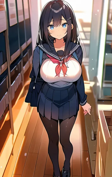 女high school student，long black hair，blue eyes，AloofStudent president，black pantyhose，Aloof，full body picture，standing，Big breasts，Aloof，Student president，high school student