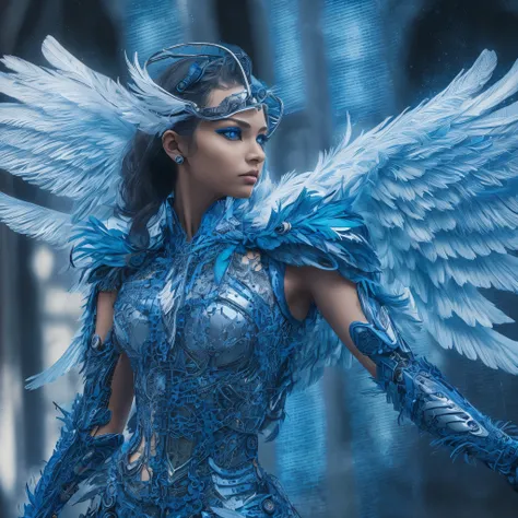 Close-up of a woman in a blue dress with wings, full body angel, futuristic robot angel, amazing angel wings, angel knight gothic girl, angel in plastic armor, intricate costume designs, As a mysterious Valkyrie, The whole body is made of blue feathers,, f...