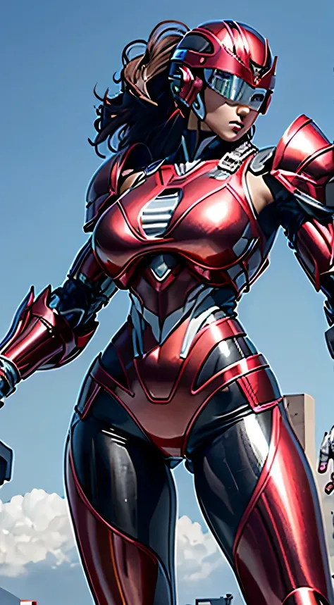 female robocop solo、bright outdoors、strong light source、8K, high quality, masterpiece, 最high quality、very detailed、Armor that completely covers the whole body、very large armor、Helmet covering the head、clear pictures、Eyes hidden by thin straight goggles:1.3...