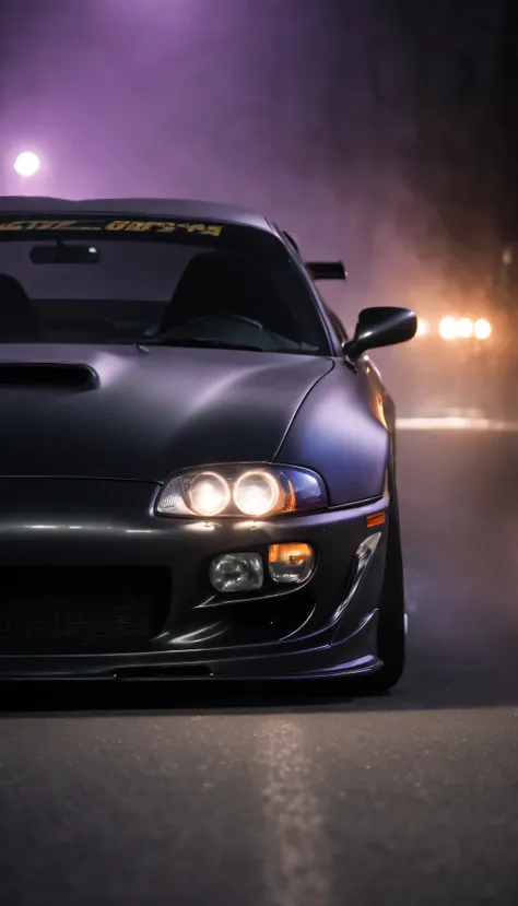 Toyota supra 1997 black, bodykit, drift in the asphalt, smoke in the reel, cinematic fog in the night, light purple, stopped exposure mode 