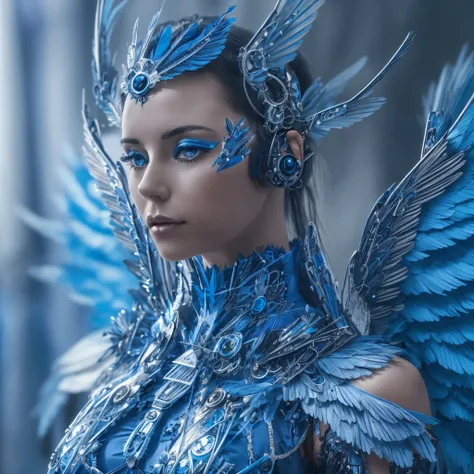 Close-up of a woman in a blue dress with wings, full body angel, futuristic robot angel, amazing angel wings, angel knight gothic girl, angel in plastic armor, intricate costume designs, As a mysterious Valkyrie, The whole body is made of blue feathers,, f...