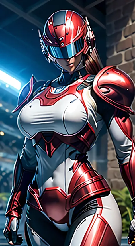 female robocop solo、bright outdoors、strong light source、8K, high quality, masterpiece, 最high quality、very detailed、Armor that completely covers the whole body、very large armor、Helmet covering the head、clear pictures、Eyes hidden by thin straight goggles:1.3...