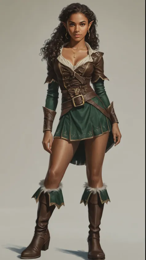 An illustrated movie poster, hand-drawn, full color, a teenage elven girl, wearing a pirate blouse and knee-high boots, resembles Brookliyn Wren, brown complexion, very tall, athletic body, hourglass figure, curvy, toned midriff, bottom-heavy, generous hip...