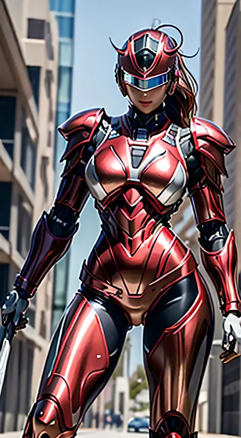 female robocop solo、bright outdoors、strong light source、8k, high quality, masterpiece, 最high quality、very detailed、armor that co...