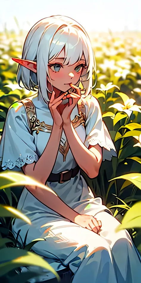 (masterpiece, best quality),1 girl with white hair sitting in a field of green plants and flowers, She put her hand under her chin, warm light, white dress, Blurred foreground，Elf