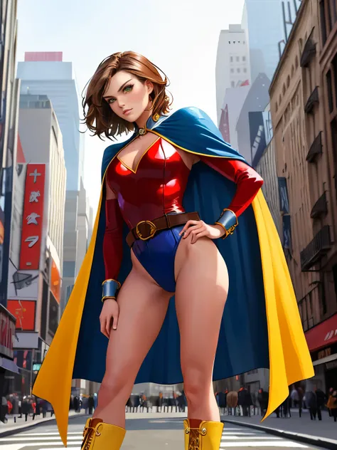 ((best quality)), ((masterpiece)), ((ultra realistic)), (dynamic heroic pose), american, beautiful detailed face, detailed eyes, sexy reporter, ((dressed in a red leotard with blue accents)), new york city backdrop, highly detailed, professional, bare legs...