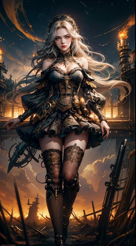 Wizard girl. 
(((masterpiece, best quality, raw photo, photorealistic, depth of field, ultra detailed, detailed face, very precise eyes))), Dynamic Action Pose, Invoke Magic, Mechanical Magic Weapons,  very slender long legs, lace stockings on the knee, st...