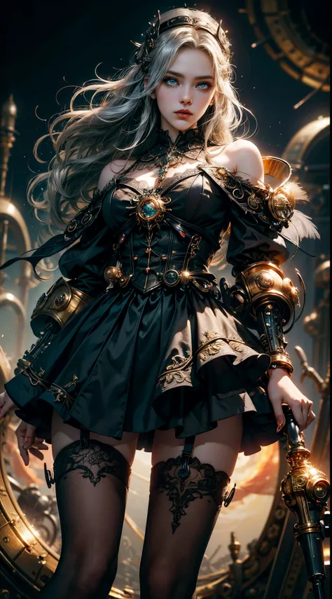 Wizard girl. 
(((masterpiece, best quality, raw photo, photorealistic, depth of field, ultra detailed, detailed face, very precise eyes))), Dynamic Action Pose, Invoke Magic, Mechanical Magic Weapons,  very slender long legs, lace stockings on the knee, st...