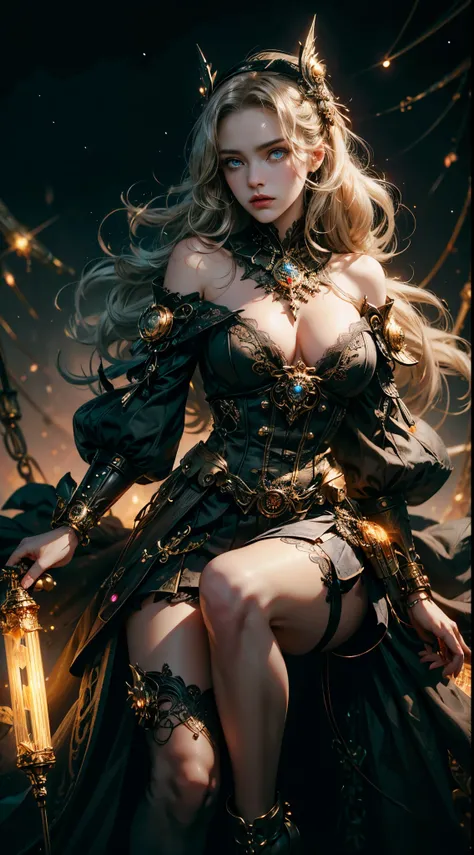 Wizard girl. 
(((masterpiece, best quality, raw photo, photorealistic, depth of field, ultra detailed, detailed face, very precise eyes))), Dynamic Action Pose, Invoke Magic, Mechanical Magic Weapons,  very slender long legs, lace stockings on the knee, st...