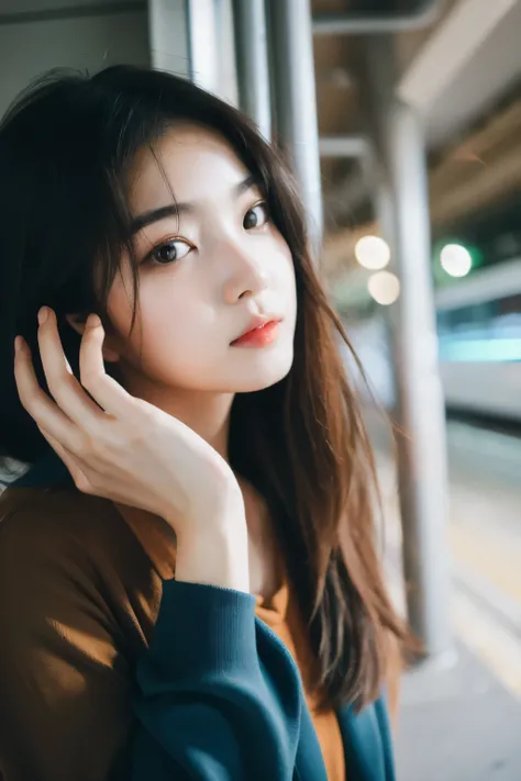 Cinematic Photo of a beautiful korean fashion model bokeh train