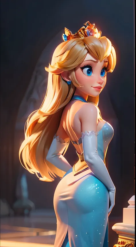 envision elsa in a graceful pose,  crystal chest  chest elsa, cute smile, serious and cute smile, beautiful elsa, ,  her back pa...