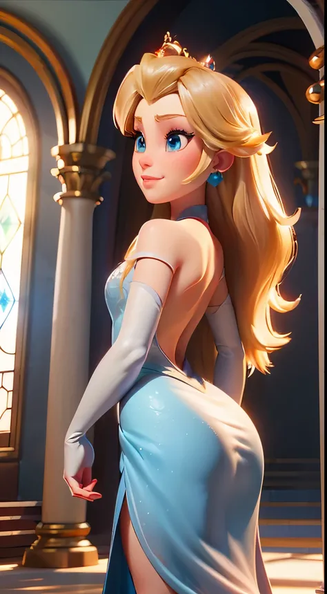 Envision Elsa in a graceful pose, crystal chest chest Elsa, cute smile, serious and cute smile, beautiful elsa, , her back partially arched, showcasing the elegance of her Blue Diamond (Crystal) Dress from Frozen. This scene is inspired by the LORA Mode...