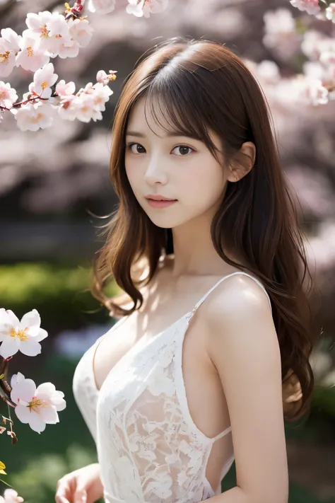 (masterpiece、High resolution、high resolution、超High resolution、Delicate、16K、perfect lighting、sunlight）1 female（brown hair、long hair、curly hair、clear eyes、dense lips、beautiful breasts、slim、slender、OL,garden、cherry blossoms、cherry blossoms並木、