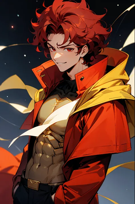 Dark Red Hair, Red Eyes, Muscular, curly hair, young male, red gem on chest,smirking,yellow cloak, space background, red jacket, hands in pockets,
