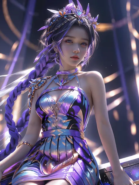 best quality， 1 girl， WHO， alone，Colorful braided dress， looking at the audience， upper part of the body，purple light hits the girl