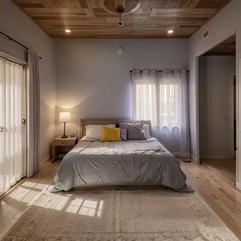 A perspective view of medium master bedroom in a ,interior with a bed, headboard up to ceiling, side table, storage,show door, window on one wall with curtain , use birch wood floor,purple, yellow, and gray, ceiling cove lighting, table and painting lamp, ...