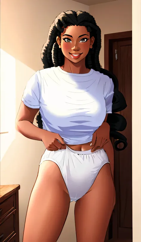 ((masterpiece, best quality)), ((24 year old)), (((Curvy))), ((Black woman with long black curly hair)), pulling up ((white cotton panties)), (white shirt), smiling, standing in her bedroom, (((Western cartoon style)))