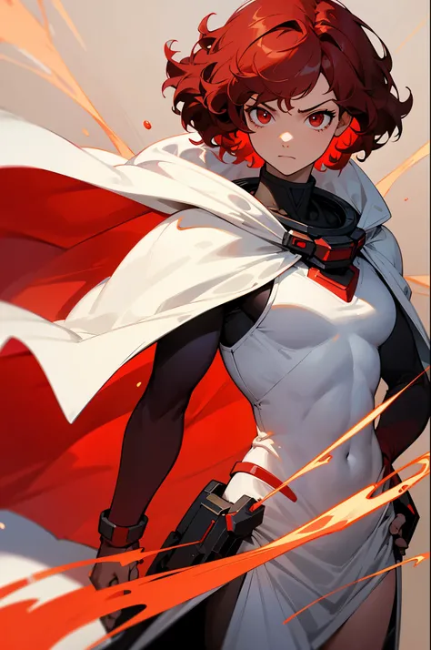 Dark Red Hair, Red Eyes, Muscular, curly hair, short hair, young female, red gem on chest,serious expression,white cloak, space background, hands in pockets,