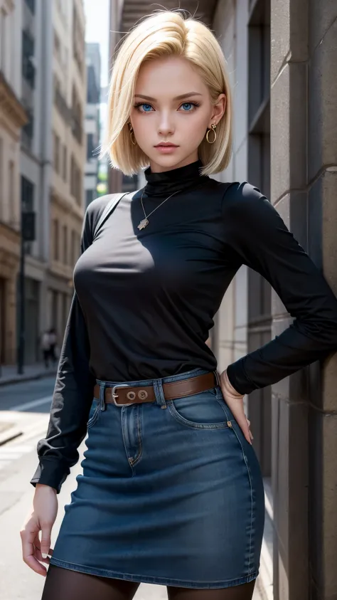 best quality, high resolution, and 18, 1 girl in, Android 18, alone, blonde hair, blue eyes, short hair, earrings, jewelry, denim dress, black pantyhose, Black shirt, Denim skirt, striped long sleeves, blue skirt, medium breasts, Cowboy shooting, street