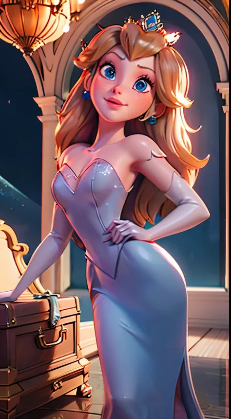 Envision Elsa in a graceful pose,  crystal chest  chest Elsa, cute smile, serious and cute smile, beautiful elsa, ,  her back partially arched, showcasing the elegance of her Blue Diamond (Crystal) Dress from Frozen. This scene is inspired by the LORA Mode...