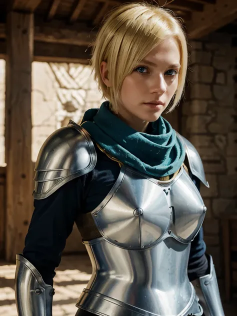 female knight, armor, yellow hair, blonde hair, short hair, one eye covered by hair, blue eyes, scarf, breastplate