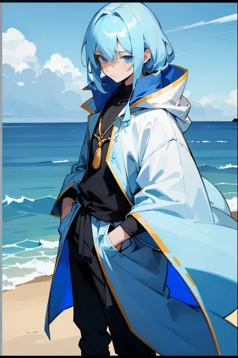 Light Blue Hair, Blue Eyes, Lean Build, straight hair,bangs covering eyes, young male, blue gem on chest,scared expression,blue cloak, hands in pockets, beach background
