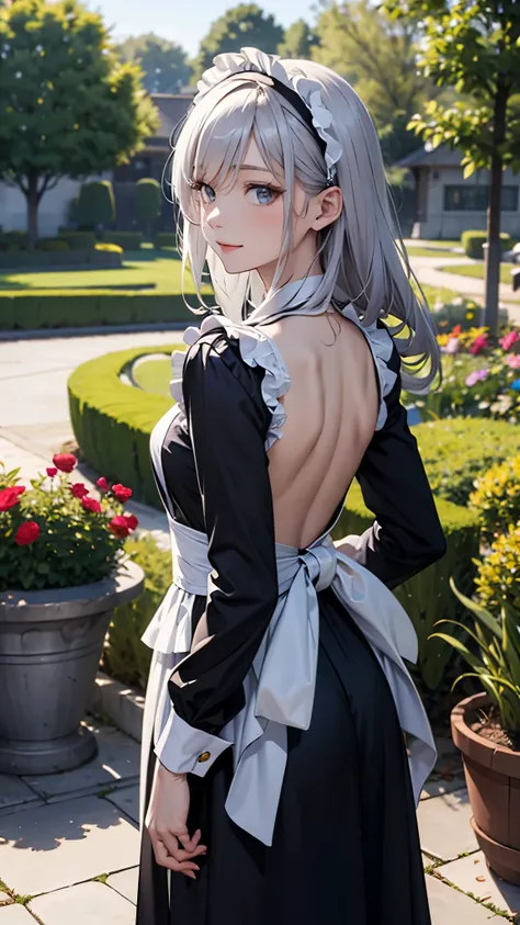 ((masterpiece、highest quality、High resolution、8K))、One female、(attractive woman)、silver hair、long hair、messy hair、smile、black eyes、detailed eyes、white headband、break、Black backless maid outfit、Head to knee、look back、((stare into the distance))、A gorgeous g...