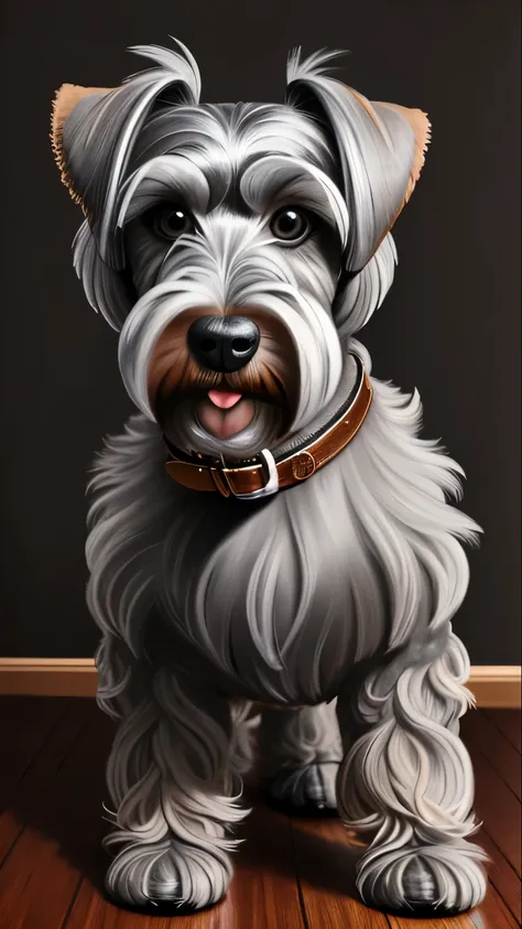 "Create an incredibly detailed, ultra-realistic oil painting of a brown-grey Schnauzer in a full-body portrait. The dog should be depicted in motion, with its flappy ears blowing in the wind, and a collar around its neck. The Schnauzers distinctive beard s...