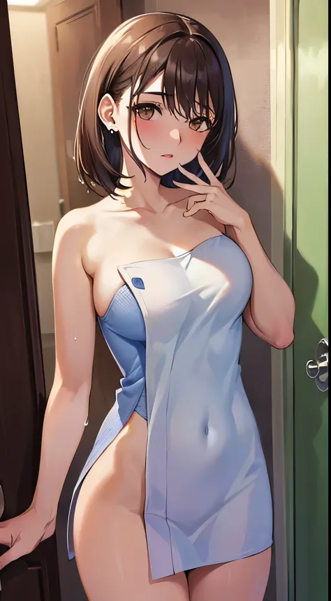 (masterpiece), ((highest quality)), (Super detailed), (perfect body), (((1 girl)), brown hair, middle hair , dark brown eyes, (((Elegant binhroom)), Naked binh towel, big breasts, Winer droplets on chest, bare shoulders, clavicle, thighs, blush, Swein, Wet...