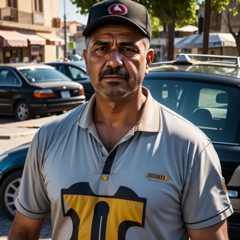 Realistic photo portrait of a taxi driver in a small Turkish town, sunny day, super detail, high details, high quality, highres, realism, photo, masterpiece, anatomically correct