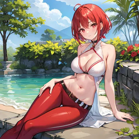 short red hair、red eyes、Beautiful girl alone、((Bright white dress))、sleeveless、sitting on、poneyTail, large breasts, cleavage, (navel_cutout), side_slit, BREAK (red_leggings), oversized_belt, [[[white_loincloth]]], bare_hips,   rose garden