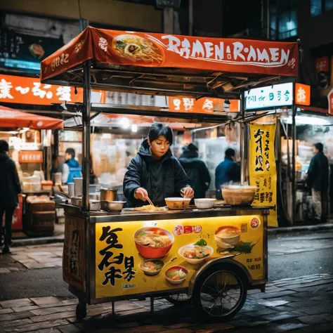 (best quality,4k,8k,highres,masterpiece:1.2),ultra-detailed,(realistic,photorealistic,photo-realistic:1.37),lively night scene, street food vendor, steaming hot ramen, vibrant city lights, bustling crowd, delicious aromas, late-night cravings, savory broth...