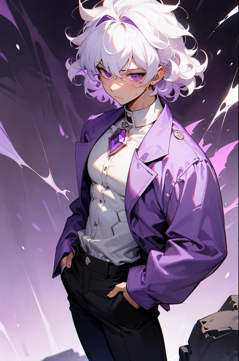 White Hair, Curly hair, Purple Eyes, muscular, young male, purple gem on chest,scared expression, hands in pockets, rocky background, grassy background, white shirt, purple jacket, black pants