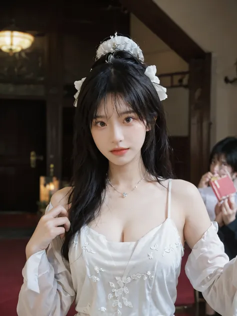 best quality， ultra high resolution， （realistically：1.4），cute hairpin，Baoyu Girl，Standing in the wedding hall，（flat chest：1.2） ，A pair of clear and charming peach blossom eyes,Royal sister，The sun shines on the face，Big wavy hairstyle，（necklace：1.2），（White...