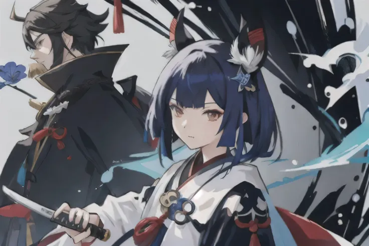 Dressed in costume and holding a sword、Anime character standing in front of a wall, Onmyoji, from arknights, Onmyoji portrait, Onmyoji detailed art, arknights, Azur Lane characters, Genshin, ayaka Genshin impact, azur lane style, keqing from Genshin impact...