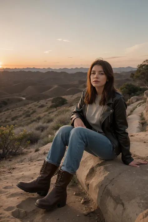 Estrada De Terra Vermelha ,Arbustos Ao Lado,Mulher 40 Anos,Boxechas Rosada Cabelos Medio Preto,Jeens Jacket Jeens Pants Cowboy Boots Sunset Gorgeous,Camera De Frente 4K