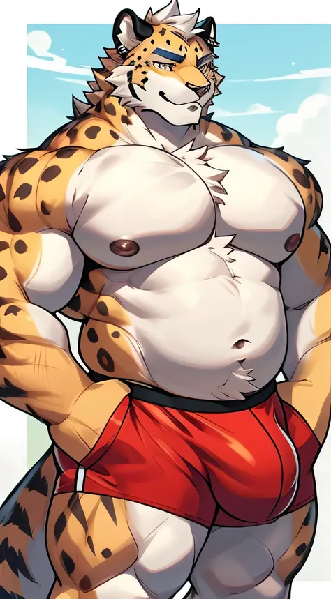 Tabaxi Knight，cheetah，youth，Handsome，Say hello by chance，Cai Xukun&#39;High quality fan art，clear lines，Earrings in the ears, massive pecs, huge pecs, bulging pecs, sagging pecs, hard nipples, fat pecs, massive bulge, huge bulge, genital outline, straining...