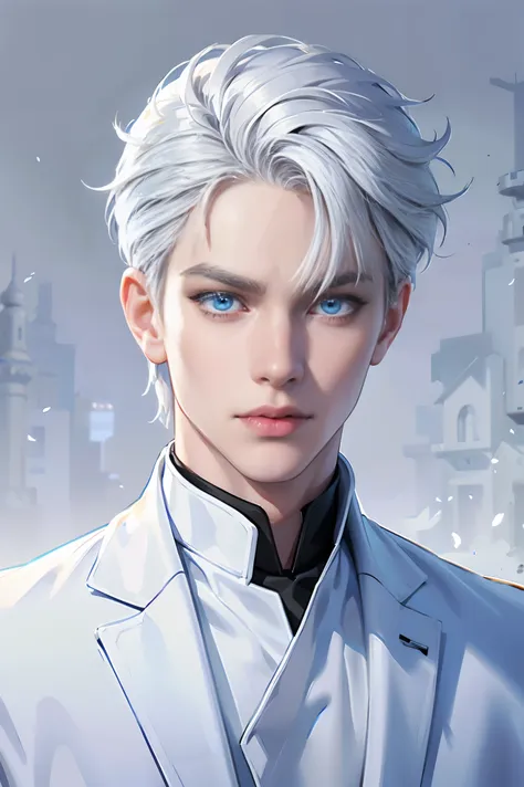 boy, white hair, blue eyes, sharp, serious features, white skin