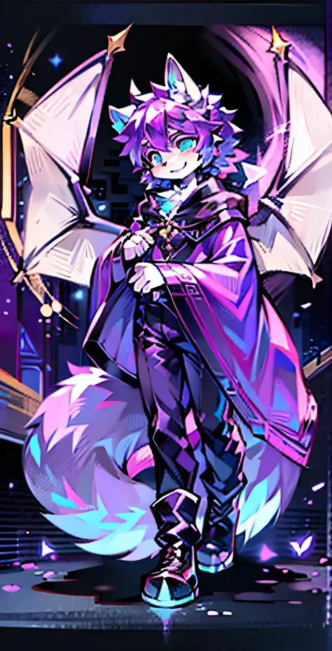 whole body，Lilac wolf，male，A pair of dragon wings，Wolfs tail，Two-dimensional cuteness，Black shawl，Purple long-sleeved clothes，black pants，The clothes are tightly wrapped，Purple particle effect，furry characters，cyan pupils，no hair，black boots，There is a dia...