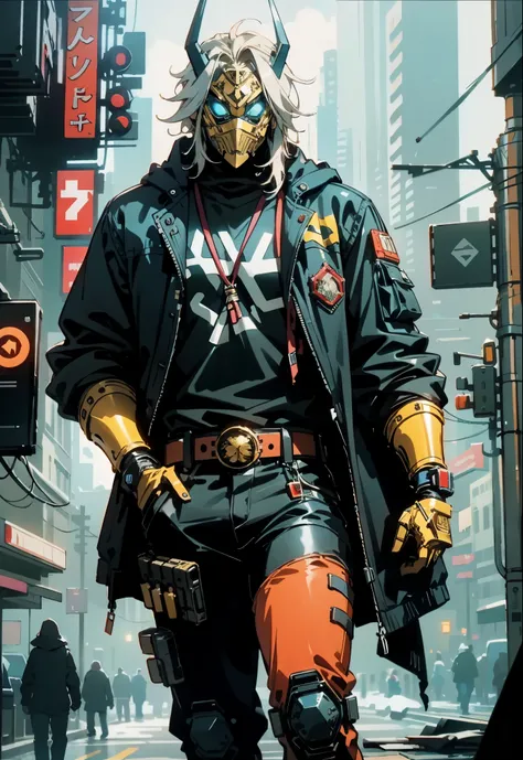 An adult man with tousled and messy dark blonde hair, a metallic beast concept mask covering his entire face, full mask, cold and penetrating gaze, a sturdy physique, a loose cyberpunk-style short jacket over a T-shirt, metal wrist guards, a belt around hi...