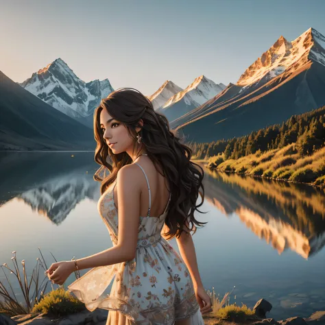 Aria stands tall and elegant in the full body profile image, exuding a sense of wanderlust and grace. She is dressed in a fitted mini dress with intricate floral patterns and earthy tones that complement her adventurous spirit. Arias long, flowing hair cas...