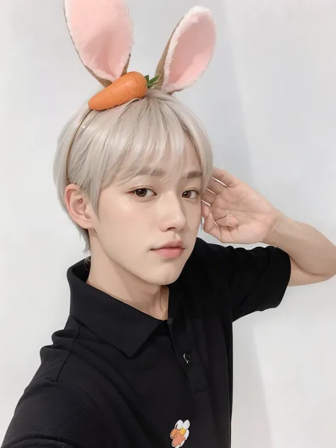 there is a young man wearing bunny ears and a carrot on his head, Kim Doyoung, com orelhas de coelho, com grandes orelhas de coelho, hyung tae, taejune kim, Jinyoung Shin, with long drooping rabbit ears, cai xukun, Jung Jaehyun, Sakimichan, com orelhas de ...