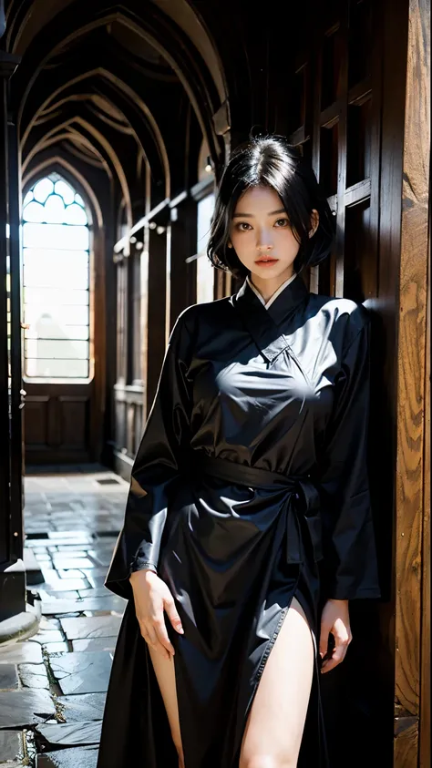 1Girl, mage robes, short black hair, Asian, beautiful, medieval