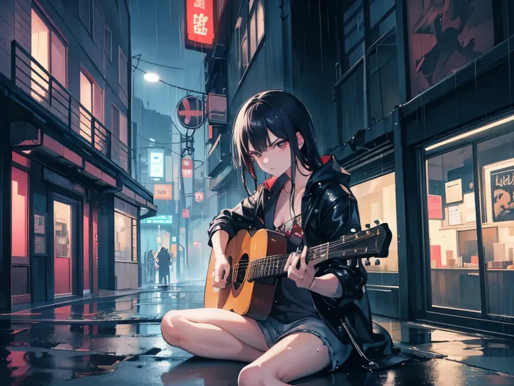 Luffy, night city, rain, sitting, playing guitar, Sanji, urban landscape, neon lights, wet streets, reflections, moody atmosphere, expressive faces, intense emotions, illuminated skyscrapers, smoke-filled alleyways, dynamic poses, passionate music, dreamli...