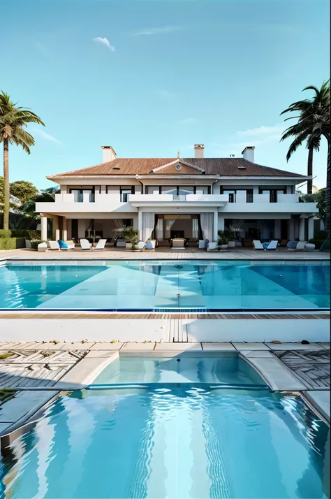 luxury villa by the sea，white walls，blue roof，large french window，swimmingpool，palmeiras